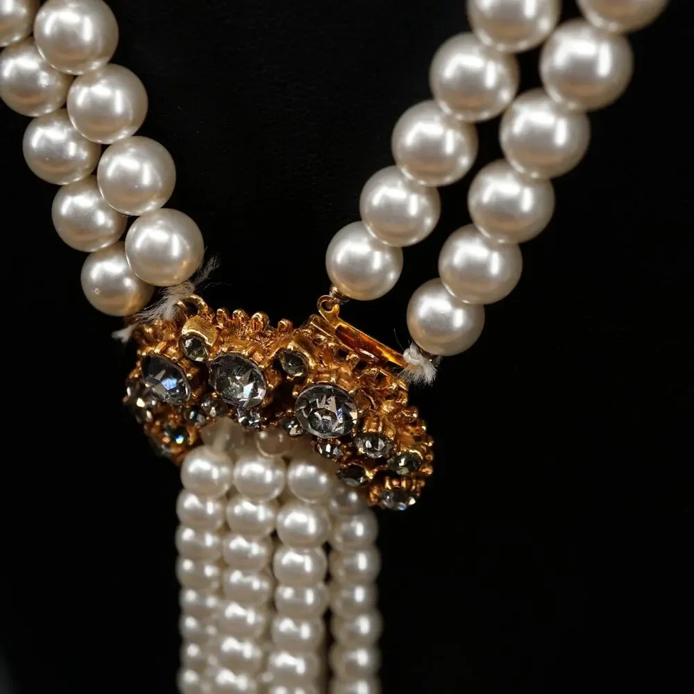 Vintage Hattie Carnegie 1940s Faux Pearl Rhinestone Necklace Earring Set Tassel